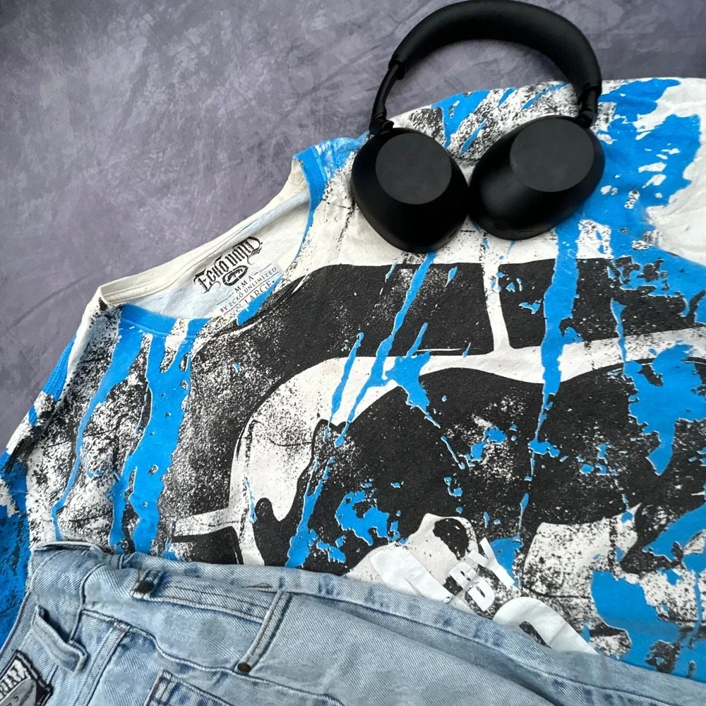 Vintage Ecko Unltd MMA T-Shirt XL Blue White All Over Print Y2K Dominate Graphic